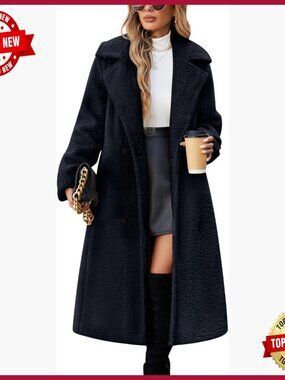 Women Fleece Long Coat Sherpa Cardigan Oversized Lapel Trench Button Faux Fur